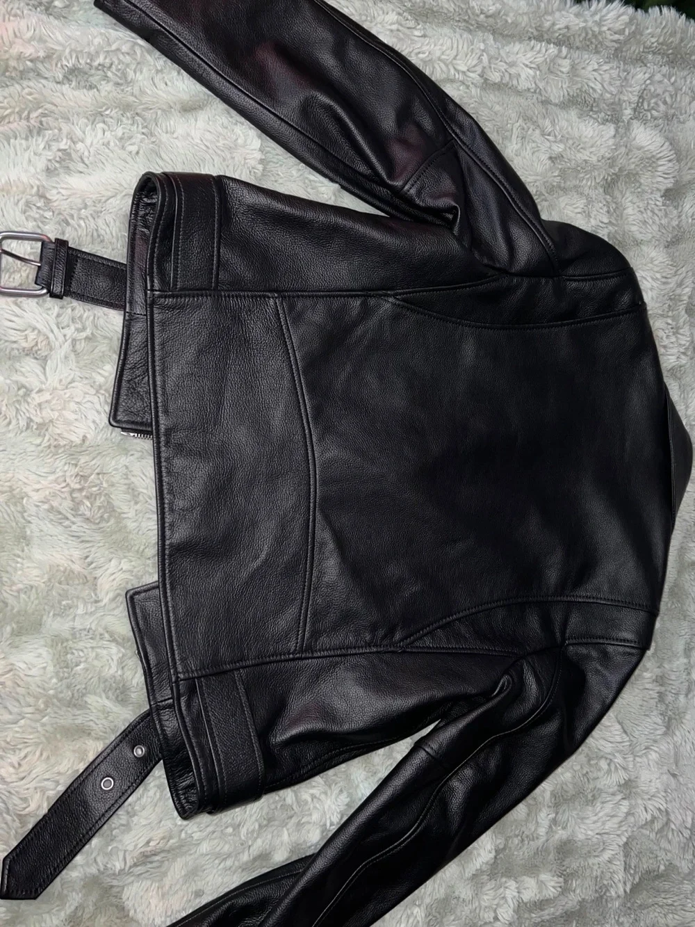 Coach Black Leather Moto Jacket with Zip Details
